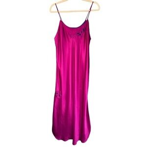 80s VTGMs. B Pink Satin Maxi Slip Dress Floral‎ Applique Lingerie Nightgown S/M
